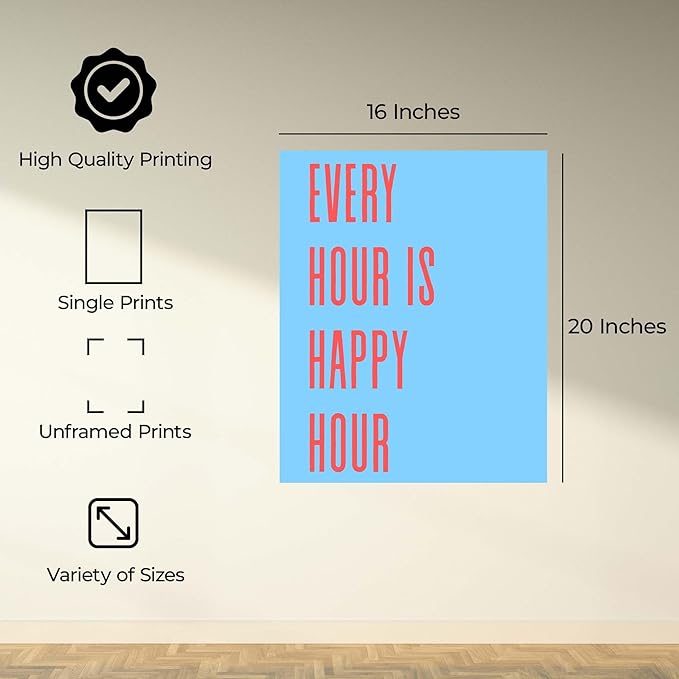 InkFlow Posters Every Hour Happy Hour Poster - Modern Typography Quote Art - Blue Red Minimal Design - Kitchen Bar Wall Decor Accent - Contemporary Home Print - 16x20 Unframed Canvas Print