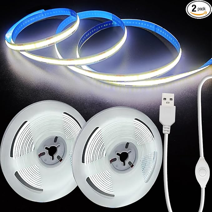 ZSLAIFU 5V LED Strip Lights, White USB LED Light Strip, 2Pack 3.28FT Dimmable Cob LED Strip Light, High Brightness Short LED Strip for Display Cabinet, Living Room, TV Lights
