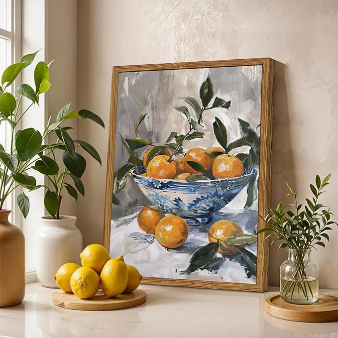 Framed Vintage Oranges Canvas Wall Art, Rustic Kitchen Pictures Wall Decor, Cottagecore Farmhouse Fruit Still Life Paintings Prints Antique Home Decor for Living Room Dining Room 16x24 inch