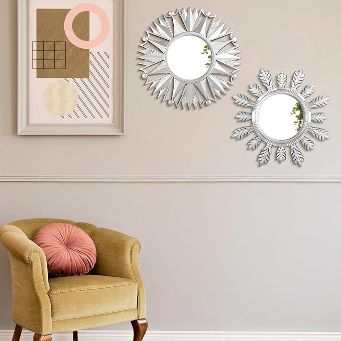Dandat Set of 4 Gold Mirrors for Wall Decor Small Circle Flowers Mirrors Decorative Silvery Hanging Wall Art Flowers Mirror for Home Living Dinning Room Bedroom Bathroom Boho Art Gifts (Silvery)