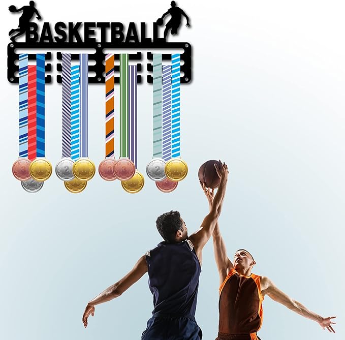 CREATCABIN Basketball Medal Holder Medal Hanger Display Rack Sports Metal Hanging Awards Iron Small Mount Decor Awards for Wall Home Badge Race Running Gymnastics Swimming Medalist Black 11.4x5.1 Inch