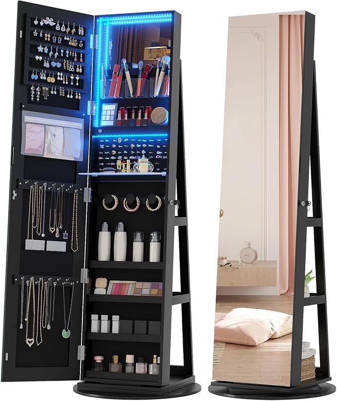 Vlsrka 360° Swivel Mirror Jewelry Cabinet with Lights, Large Jewelry Armoire Cabinet Standing, Lockable Free length Mirror with Storage, Rear Storage Shelves, Black