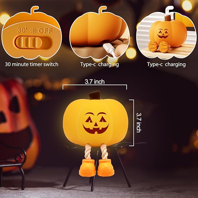 Pumpkin Night Light for Kids Cute Jack O Lantern Halloween Decor Nightlight for Baby Nursery Toddler Squishy Pumpkin Lights Cordless Rechargeable Dimmable Silicone Bedside Lamp Halloween Gifts