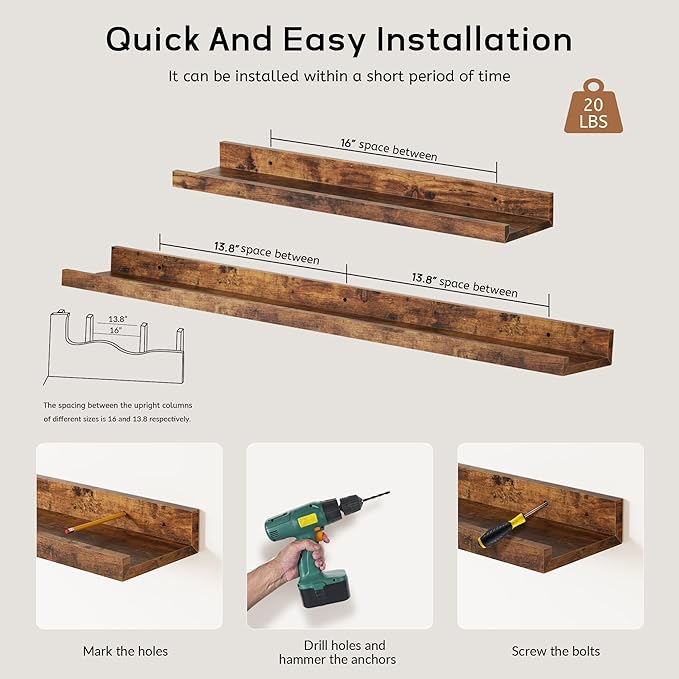 Merapi 6-Pack Floating Shelves for Wall, 36 Inch Long Modern Wood Shelves for Living Room, Bedroom, Bathroom & Kitchen Decor, Easy Installation Wall Mounted Storage Display Shelves