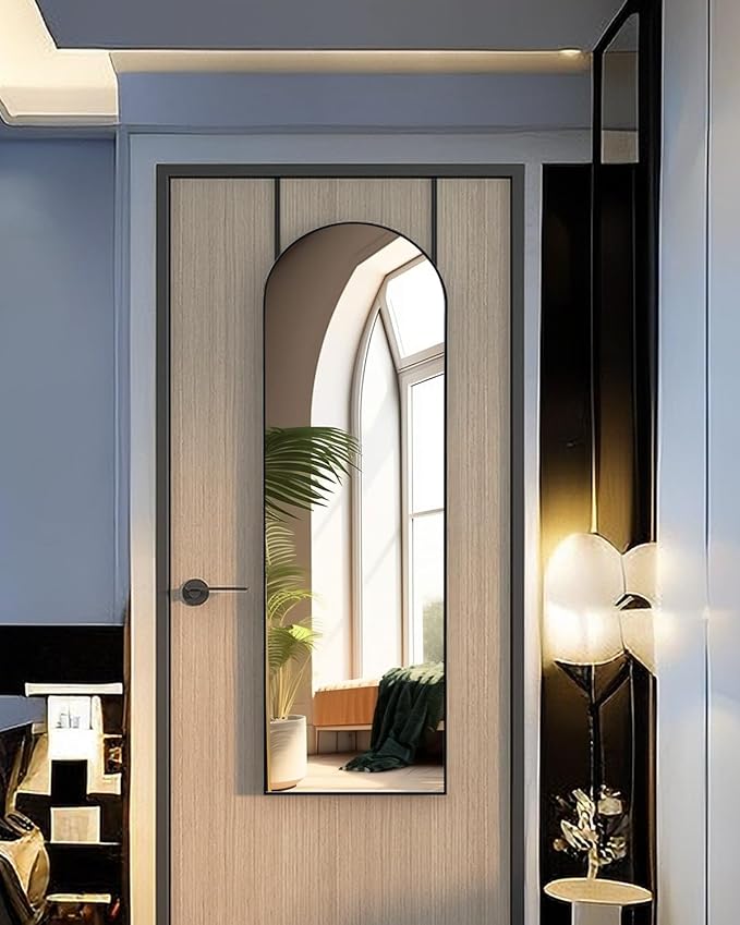 KOMCOTE Full Length Mirror 48x14 Inches - Over The Door Hanging Mirror for Bedroom, Living Room, Closet - Arch Floor Mirror, Door Mirror with Black Frame - No Drill Easy Install