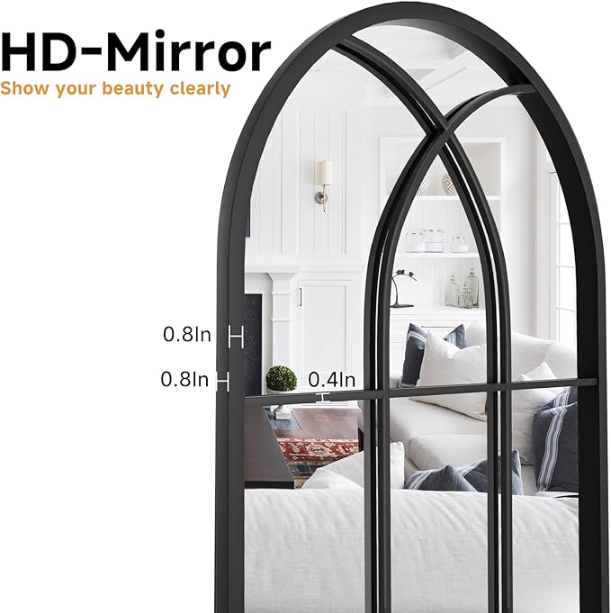 Rowjut Arched Wall Mirror 42" x 24" Window ＆ Wall Decorative Mirror, Iron Framed Window Pane Mirrors, Arched Top Wall Mirror for Entryway Living Room, Bedroom, Fireplace (Black)
