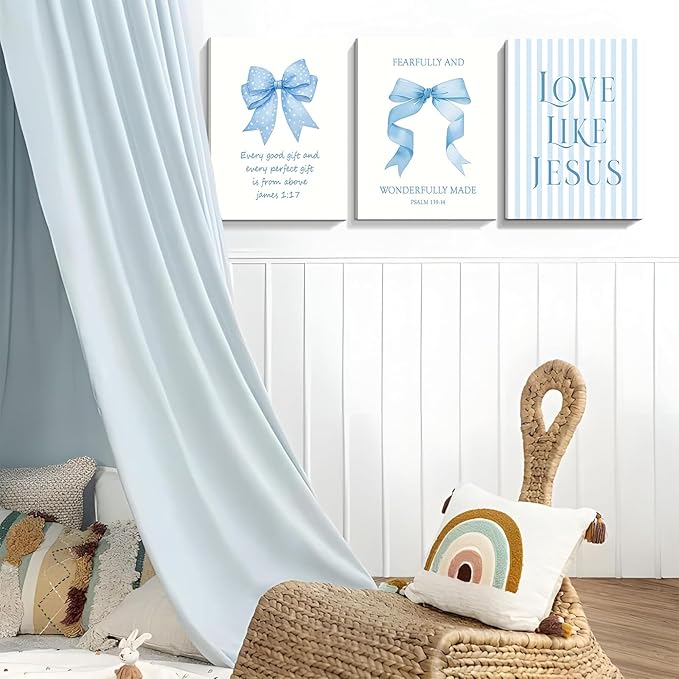 Dytila 3 Piece Blue Bows Wall Art for Girls Room, Bible Verse Pictures Bathroom Decor, Coquette Wall Artwork, Cute Teen Bedroom Decoration, Dorm Decor for College, College Gifts for Girls 12x16 Inch