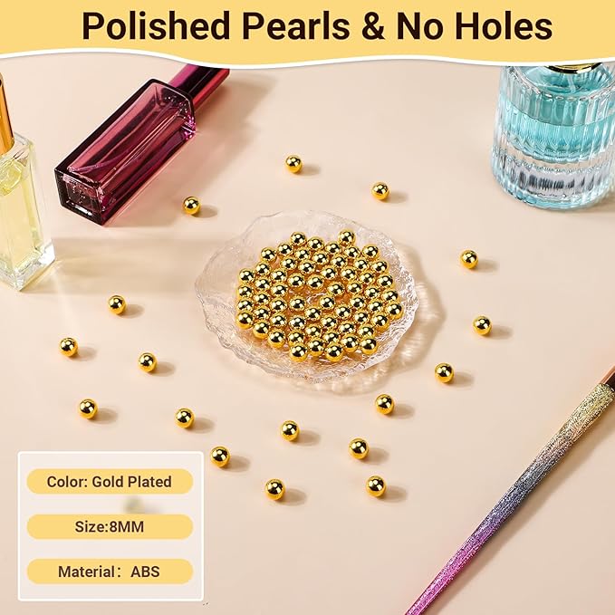 Suream 1300PCS Pearl Beads for Centerpieces, 8mm/0.31in No Hole Artificial Beads for Vase Filler, Jewelry Making, Table Scatter, Wedding Decoration, Makeup Holder, DIY Craft Projects, Gold Plated
