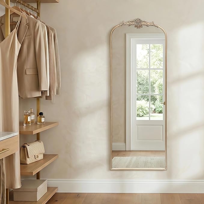 Besdomus Arched Mirror Full Length: 21"x56" French Champagne Gold Vintage Full Body Mirror - Floor Antique Baroque Traditional Ornate for Entryway/Cloakroom/Bedroom - Home Decor for Fashion-Conscious