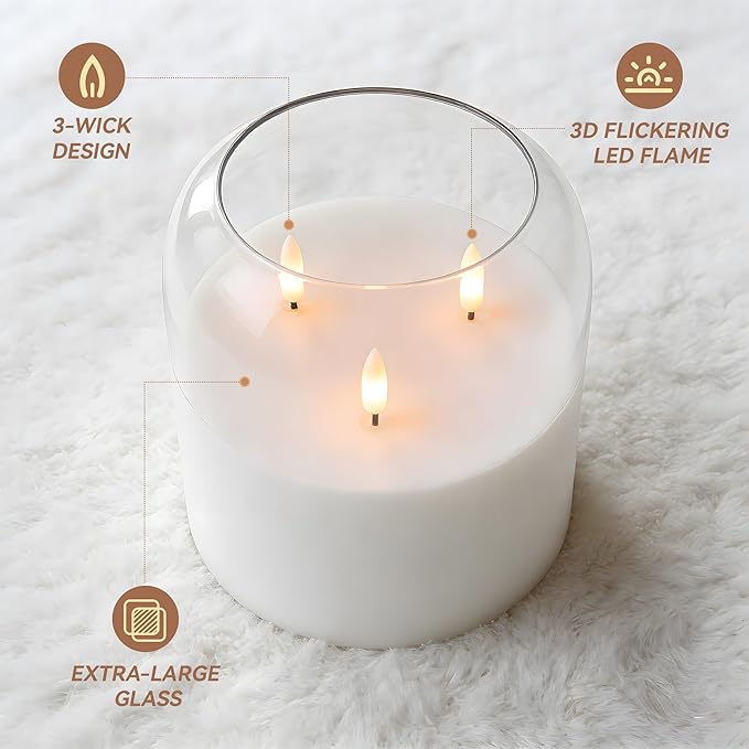 3 Wick Glass Flameless Candle with Remote and Timer, 6"x6" Extra Large Real Wax LED Pillar Candle Battery Operated with 3D Flickering Flame for Festival Wedding Home Party Decor (Clear)