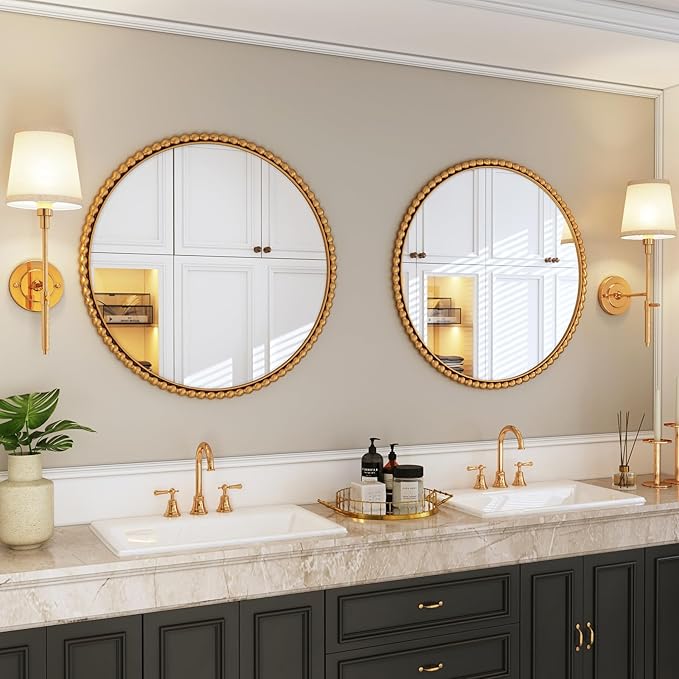 Uniclinens Gold Round Beaded Wall Mirror - Large 31.5" Vintage Mirror Wall Decor with Metal Frame, Ideal for Entryway, Fireplace, Living Room, Hallway, Bathroom