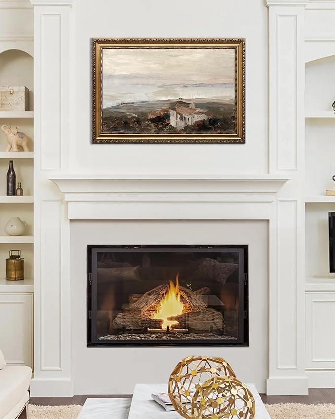 KBKBART Vintage Framed Wall Art for Living Room, Retro Muted European Coastal Prints Painting, Neutral Warm Tone Landscape Art Wall Decor, Gold Framed Oil Painting Canvas Artwork, 12"x16"