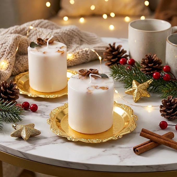 2 PCS Gold Pillar Candle Holder Decor, 5.9 Inch Round Metal Carved Candle Tray, Pillar Candles Plates Stand Decorative for Scented Ball Flameless Candles LED Coffee Table Wedding Party Home