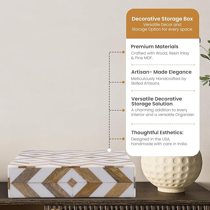 Handicrafts Home White Decorative Storage Box with Lid Wood Remote Control Box Coffee Table Storage Box Remote Holder for Living Room Decor – Resin Inlay Marquet Array Collection - 8x5x2