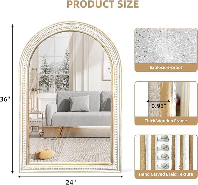 Reflinto 36x24 Inch Rustic Farmhouse Arched Wall Mirror, Distressed Wooden Decorative Mirrors for Bathroom Over Sink, Living Room, Entryway, Hallway