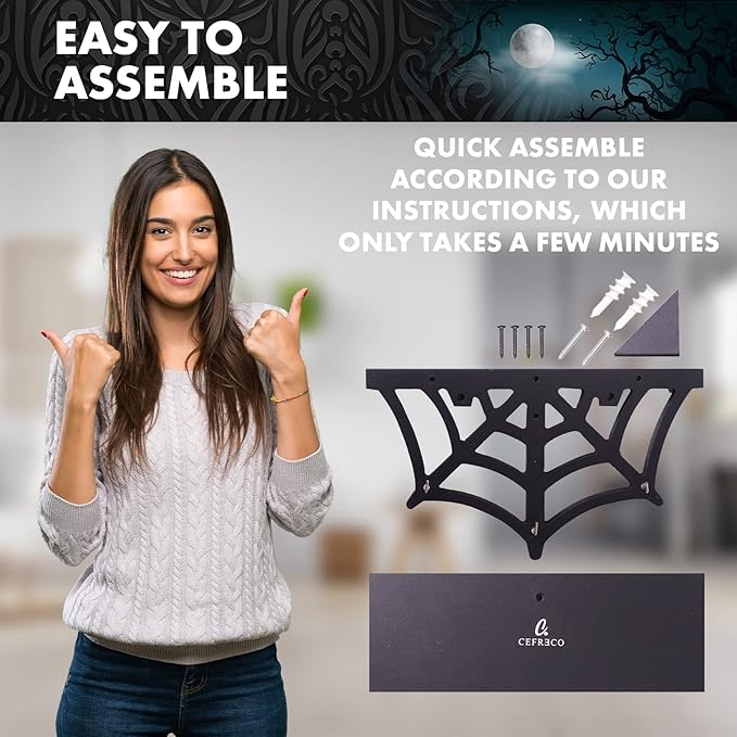 Spider Web Floating Shelf - Gothic Halloween Hanging Shelf with Hooks for Wall Oddities and Curiosities - Black Spooky Goth Wall Decor for Kitchen and Home - Crystal Display Shelf for Stones