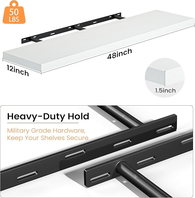 Fun Memories 48 Inch Floating Shelves, 12 Inch Deep Wall Shelves, 48 x 12 Floating Shelf Set of 2, White Rustic Wood Floating Shelf Wall Mounted for Large Kitchen Living Room Bedroom Bathroom Storage