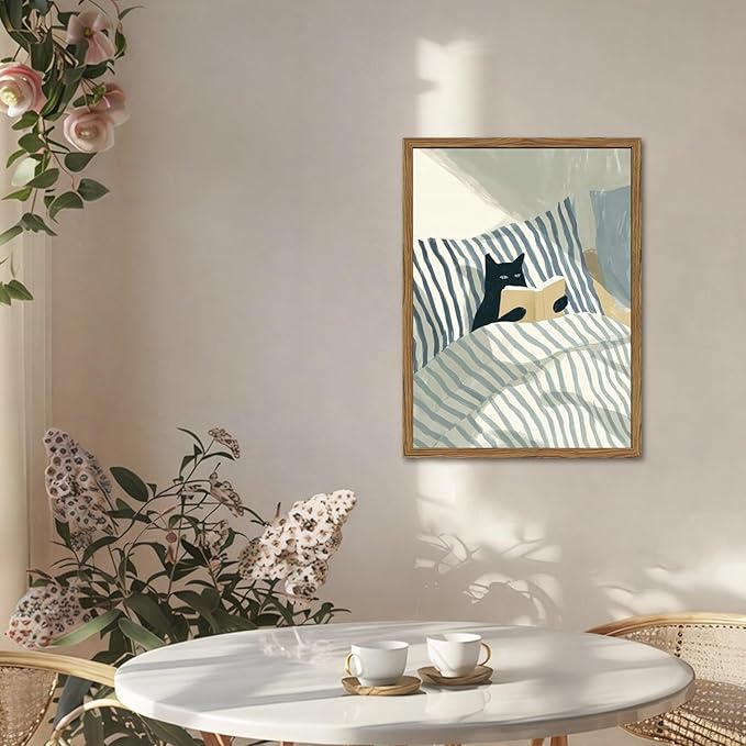 Funny Black Cat Wall Art Painting, Whimsical Cat in Stripe Bed Reading Wall Decor, Cute Animal Book Lover Blue and White Poster Canvas Prints for Bedroom Living Room 12x16 inch Wood Framed
