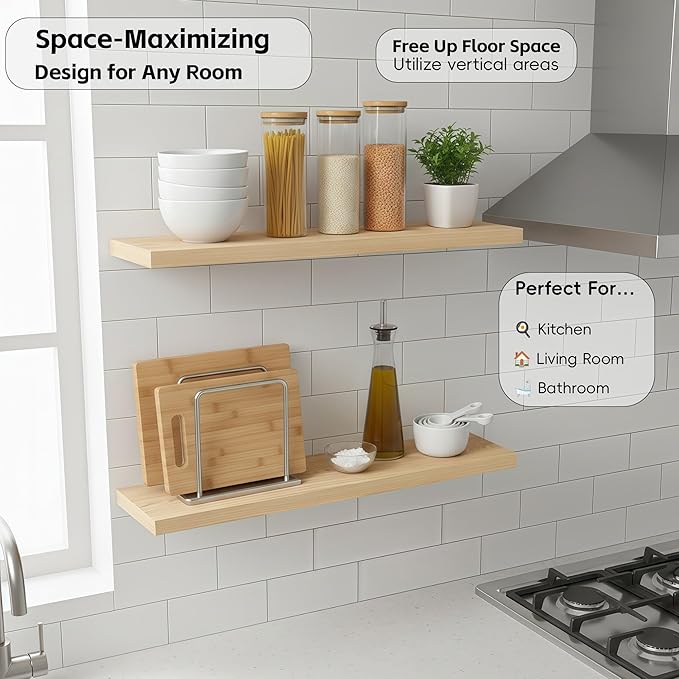 Lufia Floating Wall Shelves, Set of 2, MDF with Invisible Brackets, Modern Storage for Bedroom, Bathroom, Living Room, Kitchen (Oak, 32" W x 7" D x 1.5" H)