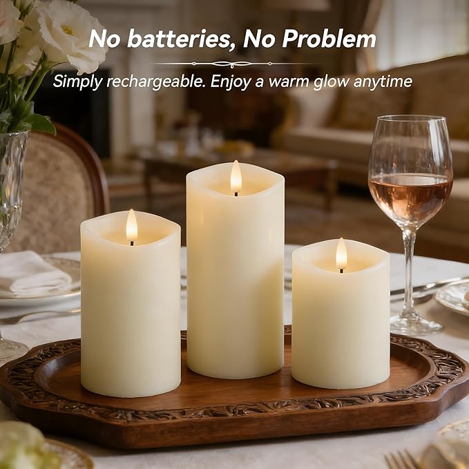 Rechargeable Flickering Flameless Candles Melted Edge Battery Operated with Remote and Timer, Real Wax LED USB Type-C Pillar Candles, Set of 3 (3" x 4",5",6"), Ivory, Home Decor