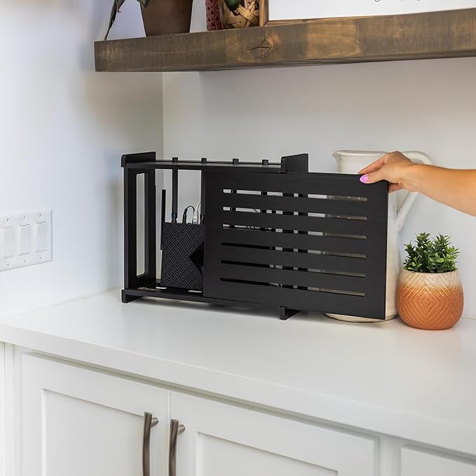 Wooden WiFi Router Storage Box - Standard Wall Mountable Decorative Modem Shelf Hider Cover with Cable Management System - Rustic Home Organization Solution for Most Routers Up to 11" Tall - Black