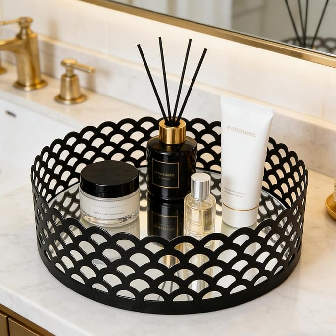 Black Metal Decorative Tray with Mirror Base - Round Vanity Tray for Makeup Brushes, Jewelry, Perfume, and Home Décor(7.3”X2”)