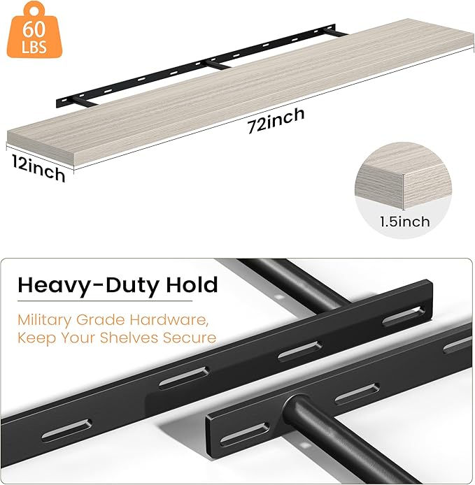 Fun Memories 72 Inch Floating Shelves, 12 Inch Deep Wall Shelf for Fireplace Mantel, Gray Deep Storage Shelves for Home & Office, Long Floating Shelf with Invisible Bracket, Set of 2