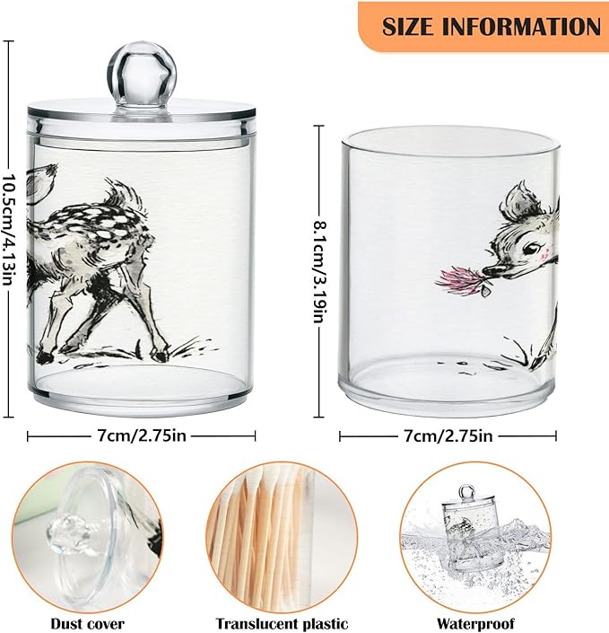 2 Pack Apothecary Jars,Fawn Holding Blossom Bathroom Vanity Storage Organizer Set,Small Clear Plastic Storage Jars Bathroom Canister for Cotton Swabs,Rounds,Balls,Qtips,Makeup Sponges