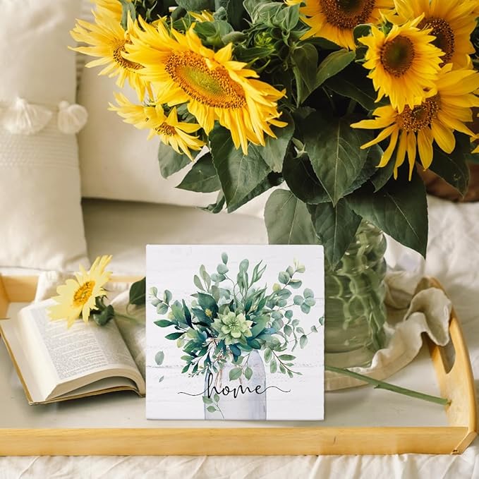 Sage Green Eucalyptus Leaves Wooden Box Sign Decor, Home Sign Shelf Decoration, Rustic Spring Botanical Wooden Block Decor for Home Farmhouse Shelf Tiered Tray Decoration 5x5