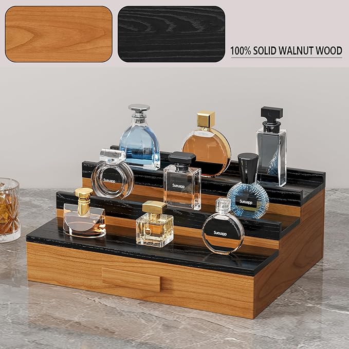 Solid Walnut Wood Cologne Organizer for Men, 3 Tier Cologne Stand Display Shelf with Hidden Compartment and Drawer, Perfume Stand Organizer, Perfume Display Holder, Great Gift for Men Father