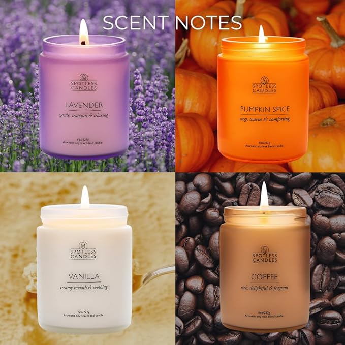 Candles for Women - 4 x 8oz Colored Glass Jars (3.7" H x 2.87" Dia) Mixed Set of Classic Scents Pumpkin Spice, Coffee, Vanilla, Lavender, 200 Hours Burn Time, Classic Candle Set by Spotless Leopard