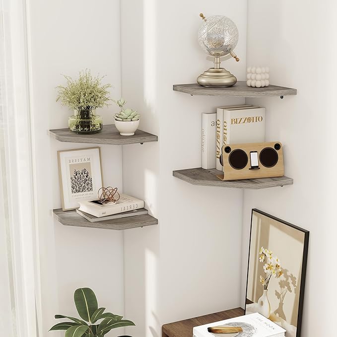Corner Shelves 2-Pack for Bathroom & Kitchen, Space-Saving Floating Corner Wall Shelf with Easy Installation- Grey