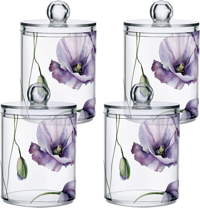 2 Pack Qtip Holder Dispenser for Cotton Ball Watercolor Flowers Purple Poppies Cotton Swab Round Pads Clear Plastic Acrylic Jar Set Bathroom Canister