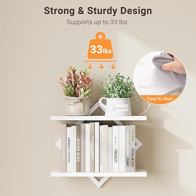ELYKEN Floating Shelves for Wall, Set of 2 Hanging Shelves, 2-Tier Wall Mounted Storage Shelves for Books & Decor, Perfect for Living Room, Bedroom, Kitchen, Home Office, Study, White