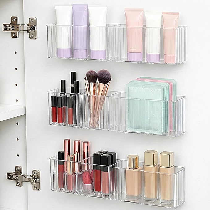 3 Pack Bathroom Makeup Organizer Long Narrow Clear Cabinet Door Organizer Wall Mount Clear Bathroom-Organizers and Storage with 3 Compartments Acrylic Shower Shelves for Kitchen & Bathroom,Office