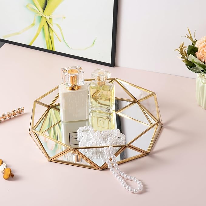 Feyarl Gold Glass Perfume Tray Mirror Vanity Jewelry Trinket Organizer Tray Ornate Cosmetic Makeup Display Decorative Coffee Table Tray for Wedding Home Decor Dresser Tabletop Countertop (9.5inch)