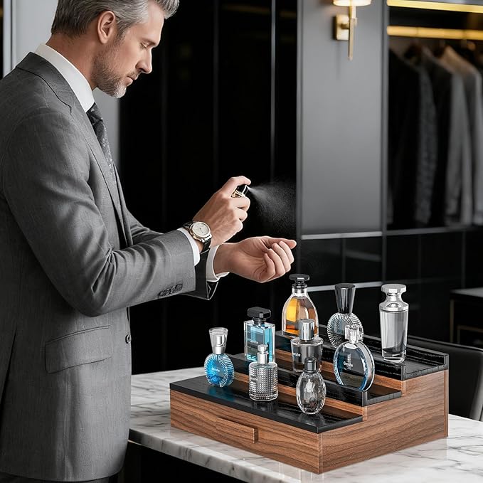 Solid Walnut Cologne Organizer for Men,Cologne Stand,3 Tier Wooden Cologne Holder Shelf Display,Perfume Stand Organizer with Drawer Storage and Hidden Compartment,Gift for Men Dad Husband