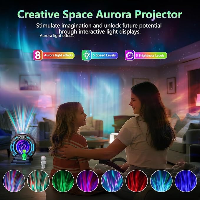 Galaxy Projector with Plasma Ball, 8 Aurora Lights, White Noise Machine, Bluetooth Speaker, Timer Alarm Clock, Remote Controlled Night Light for Bedroom, Kids/Adults, Party