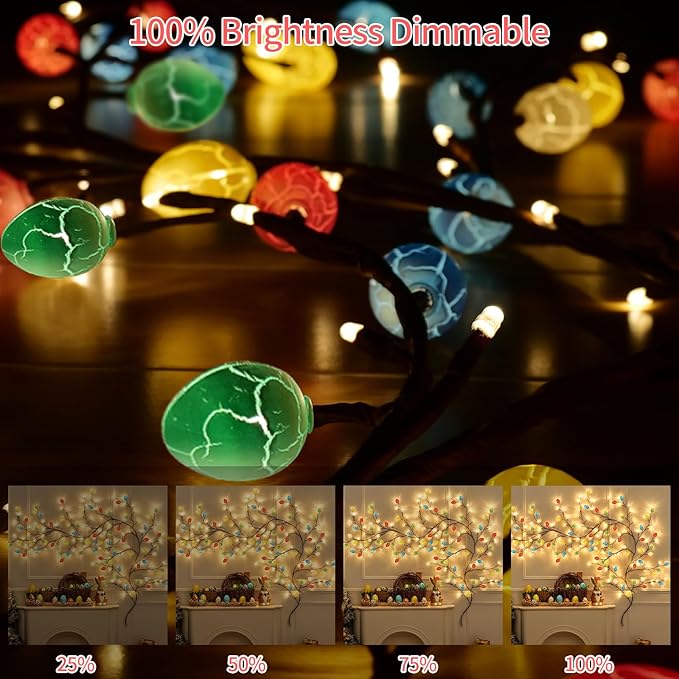 FNHMSL Easter Egg Enchanted Willow Vine Lights, 7.55FT 144LED 4 Color Easter Egg Tree Branch Lights for Wall, Remote Timer,8 Light Model,Bedroom Wall Doors Wedding, Christmas, USB Battery Box