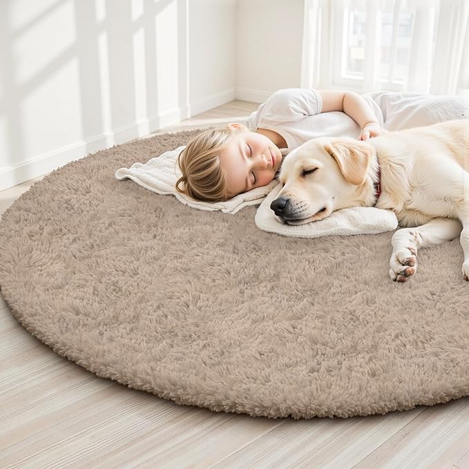 Beige Round Fluffy Rug 5ft,Soft Bedroom Circle Rugs Mats for Kids Girls Nursery Room,Washable Plush Shaggy Indoor Non Slip Rug for Bedside Living Room Bedroom Circular Carpet,Home Decor Aesthetic