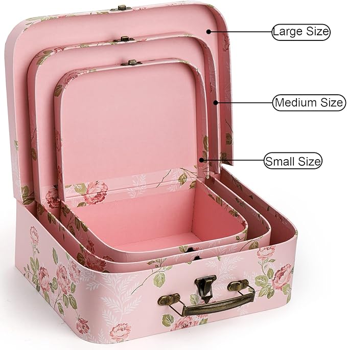 Fasmov 3 Pack Paperboard Suitcases Storage Box Decorative Storage Boxes Gift Boxes With Lids for Photo Storage Home Decoration, Wedding, Birthday, Anniversary, Pink