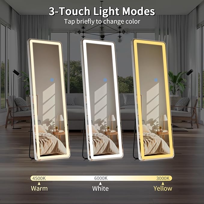 Koonmi Full Length Mirror with LED Lights, 68"x26" Lighted Mirror with Dimming & 3 Color Lighting, Big Mirror for Bedroom, Dressing Room, Rectangle,White