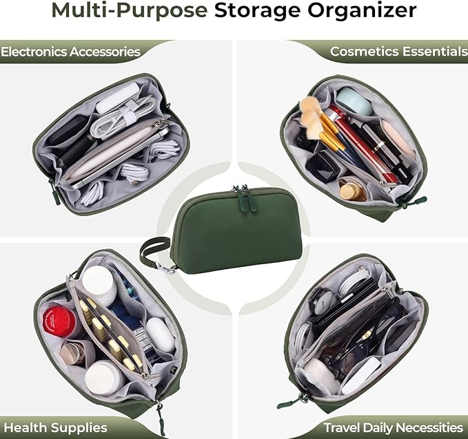 FYY Travel Cable Organizer - 8 Compartments Lightweight Water Resistant Tech Pouch with Wrist Strap, Portable Electronic Accessories Case for Cord Charger Storage for Travel Home Office, Green (Small)