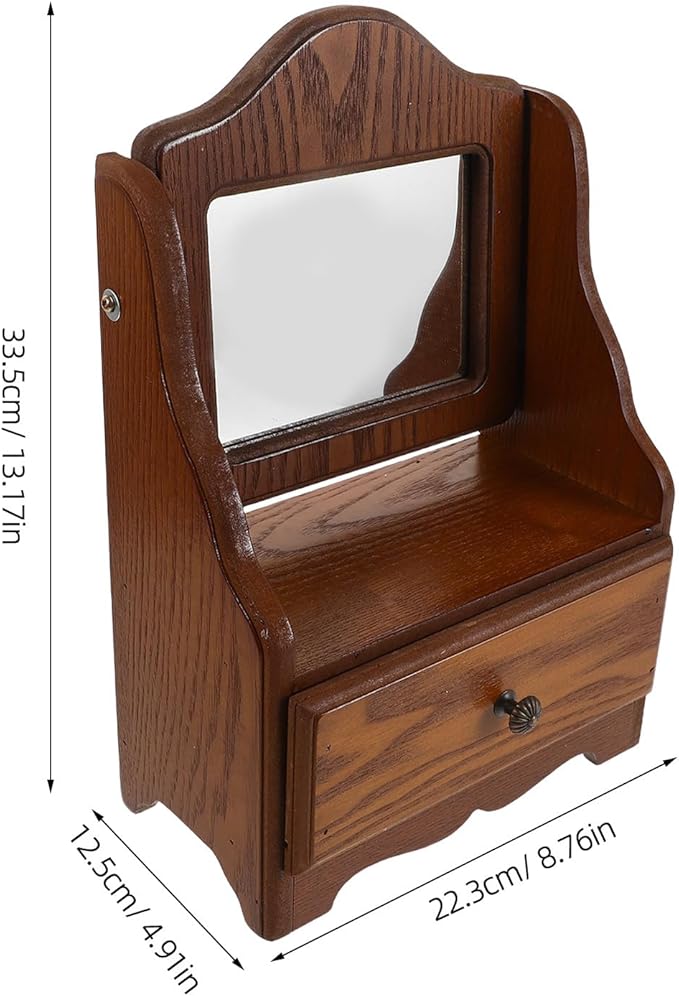 PartyKindom Wood Frame Desktop Makeup Mirror with Drawer, Square Vintage French Style Dressing Table Mirror for Bedroom Vanity, Portable Wooden Cosmetic Organizer for Women