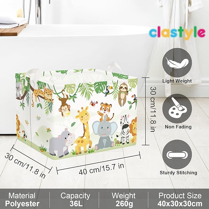 Clastyle Vine Animal Baby Storage Basket Swing Kid Laundry Hamper Boy Girl Gift Toy Box Collapsible Clothes Organizer Nursery Bin for Bedroom, Zebra Tiger Elephant, 40x30x30 cm