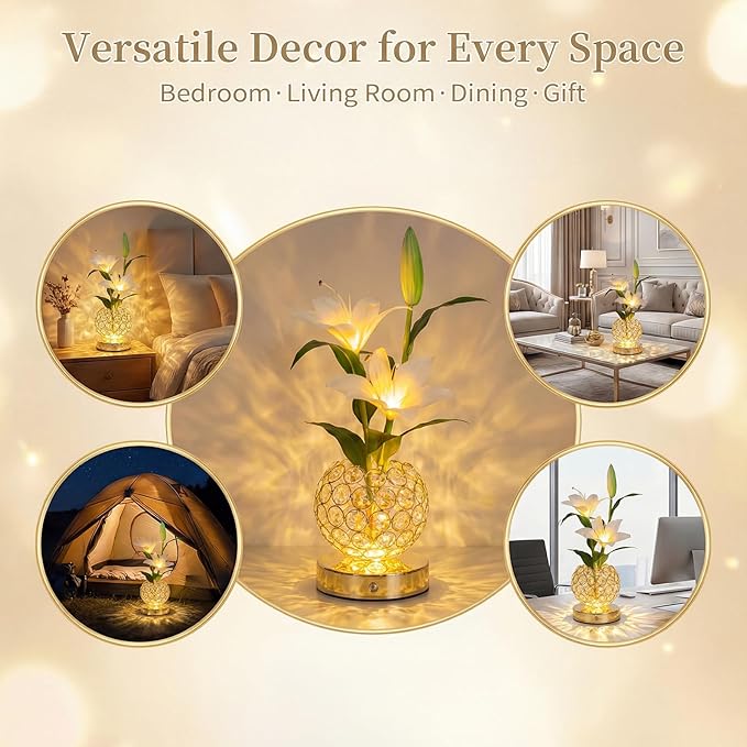 Stargazer Lily Flowers Table Lamp, Rechargeable Cordless Touch Crystal Lamp with 3 Color Modes, Easter Lily Night Light for Bedroom Kitchen Office Decor, Birthday Mothers Day Gifts for Women Mom
