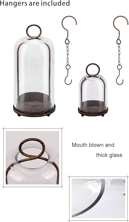 5" & 4" Wide Versatile Metal Candle Holder in Rustic Brown with Handmade Thick, Heavy & Sturdy Glass Dome for Pillar Candle, Industrial, Modern, Shelf, Mantel, Veranda, Porch