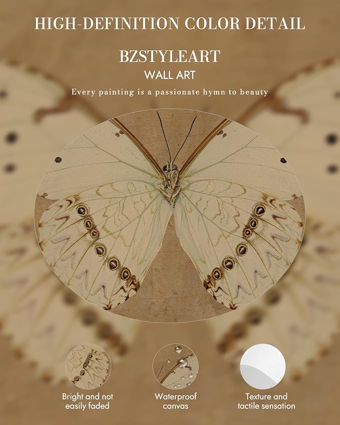 Bzstyleart Vintage Wall Art Decor for Living Room, Gold Framed Canvas Butterfly Wall Art, Vintage Butterfly Picture Prints, Gold Framed Artwork, 12 x 16 Inch