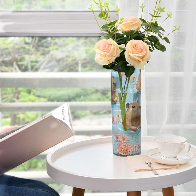 YETTASBIN Cute Capybaras Plastic Cylinder Flower Vase for Plants Bouquet, 1 Pack Unbreakable Tall Clear Vase for Wedding Centerpieces Home School Office Decor, 11.8 x 3.9 Inch