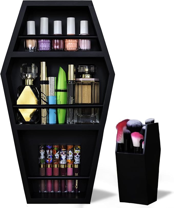 EpicGifts Goth Makeup Shelf - 3 Shelf Standing or Floating Wall Coffin, Makeup Brush Holder (Black)